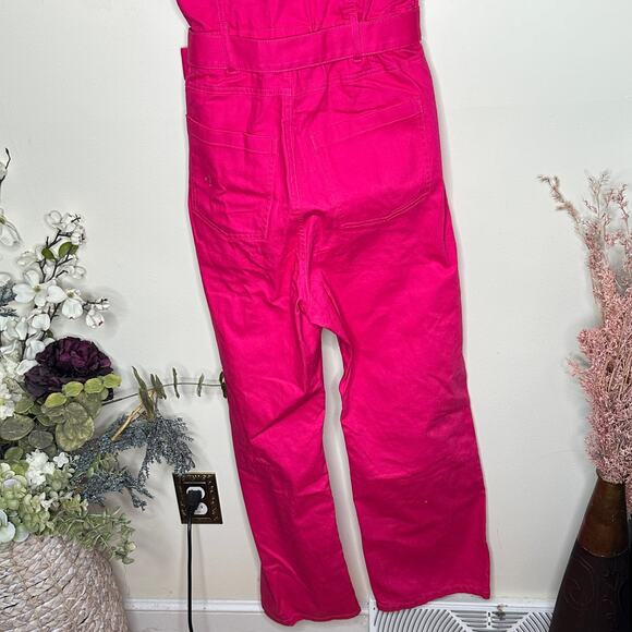 & OTHER STORIES Feminine Puff Sleeve V-Neck Jumpsuit Bright Pink Sz 10 {164} - Picture 5 of 7